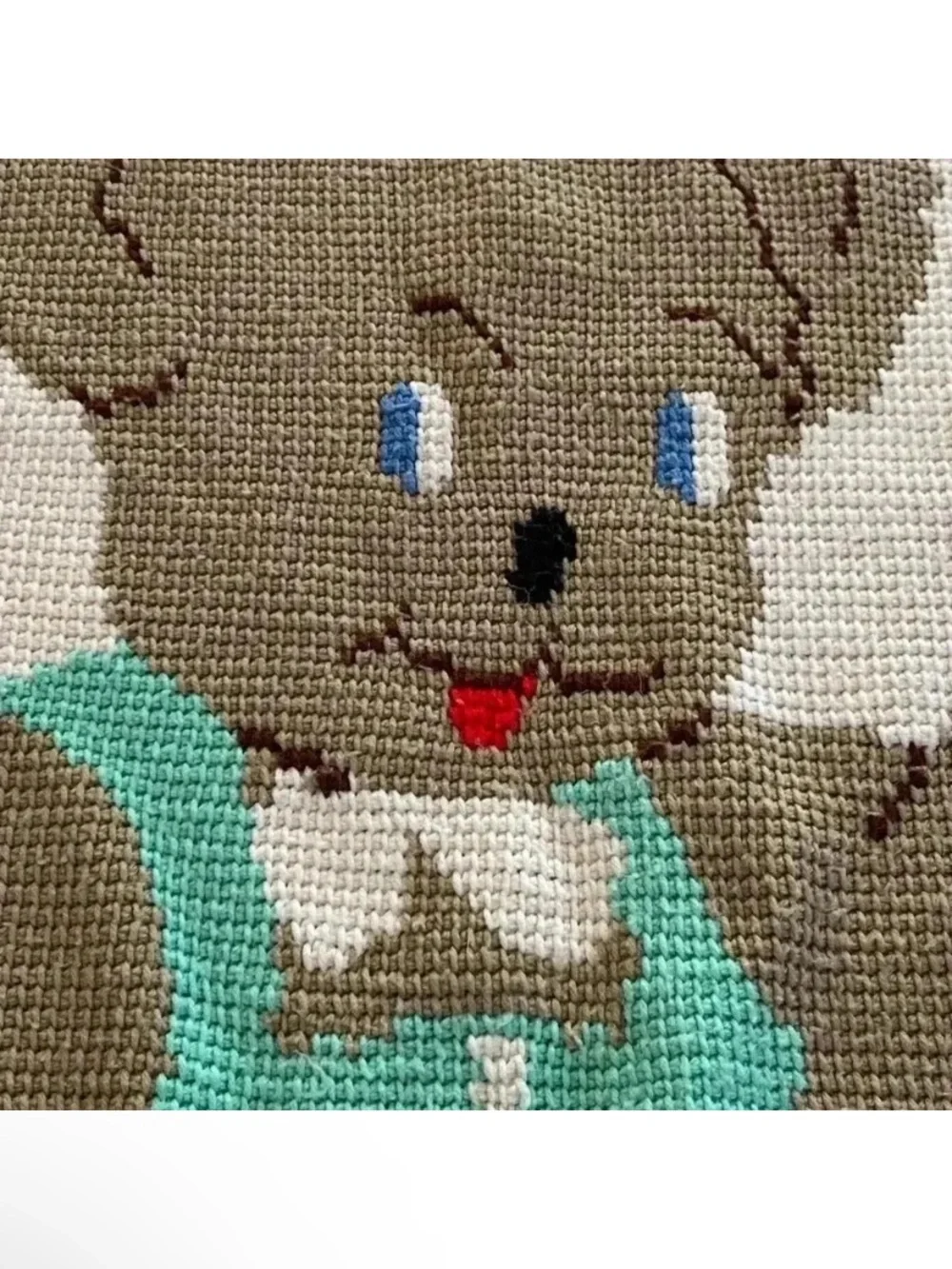 Vintage Crochet Knit Baby Teddy Bear Teal White Throw Nursery Crib Blanket